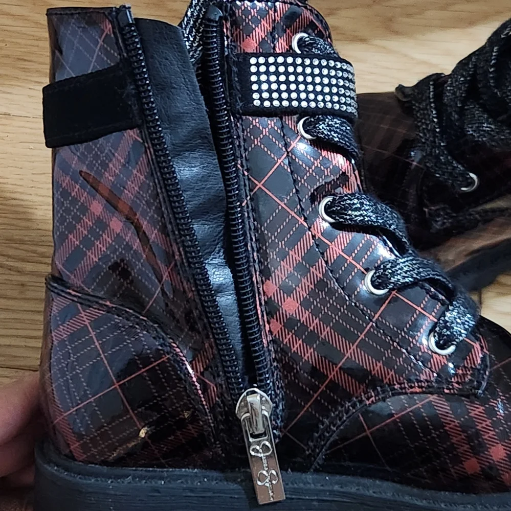Jessica Simpson Lace Up Boots Zipper Plaid Bedazzle Size 12 Combat Boot